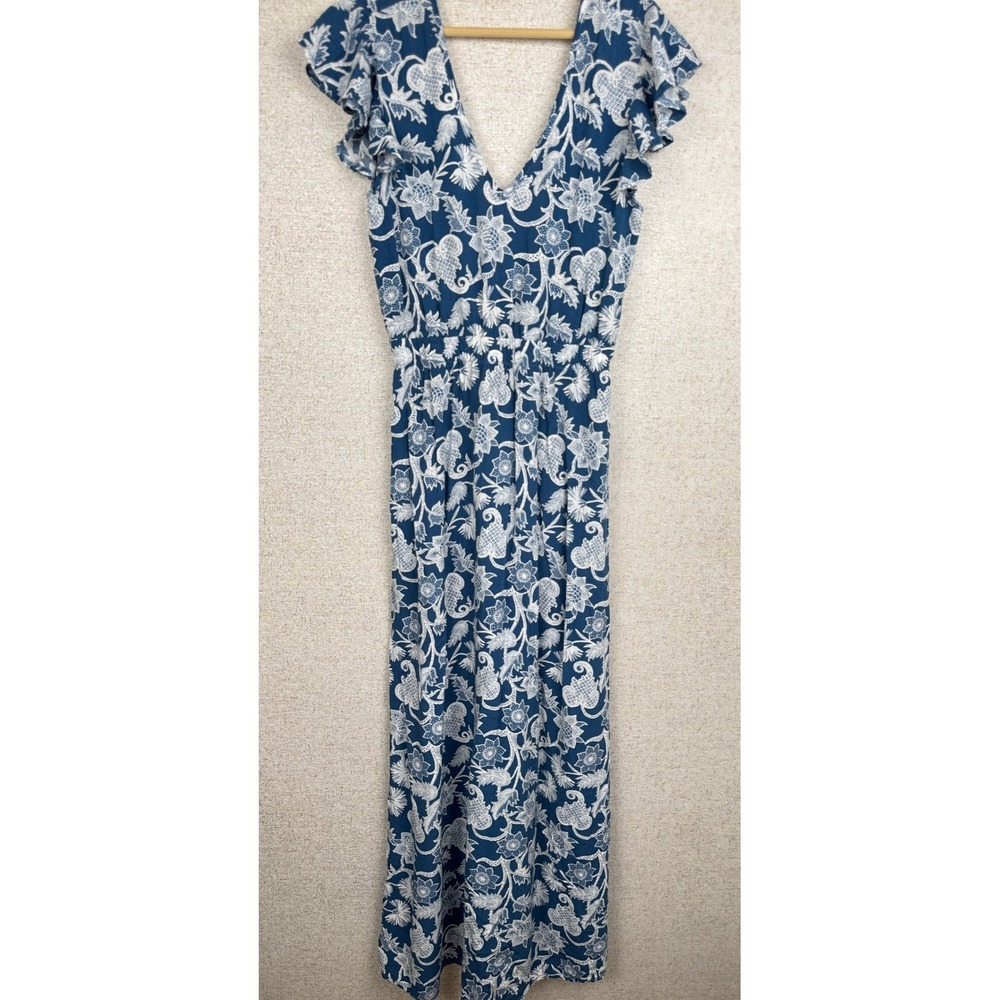 Yerba Buena Bohemian Paradise Maxi Dress Womens M Blue White Floral Flutter Boho